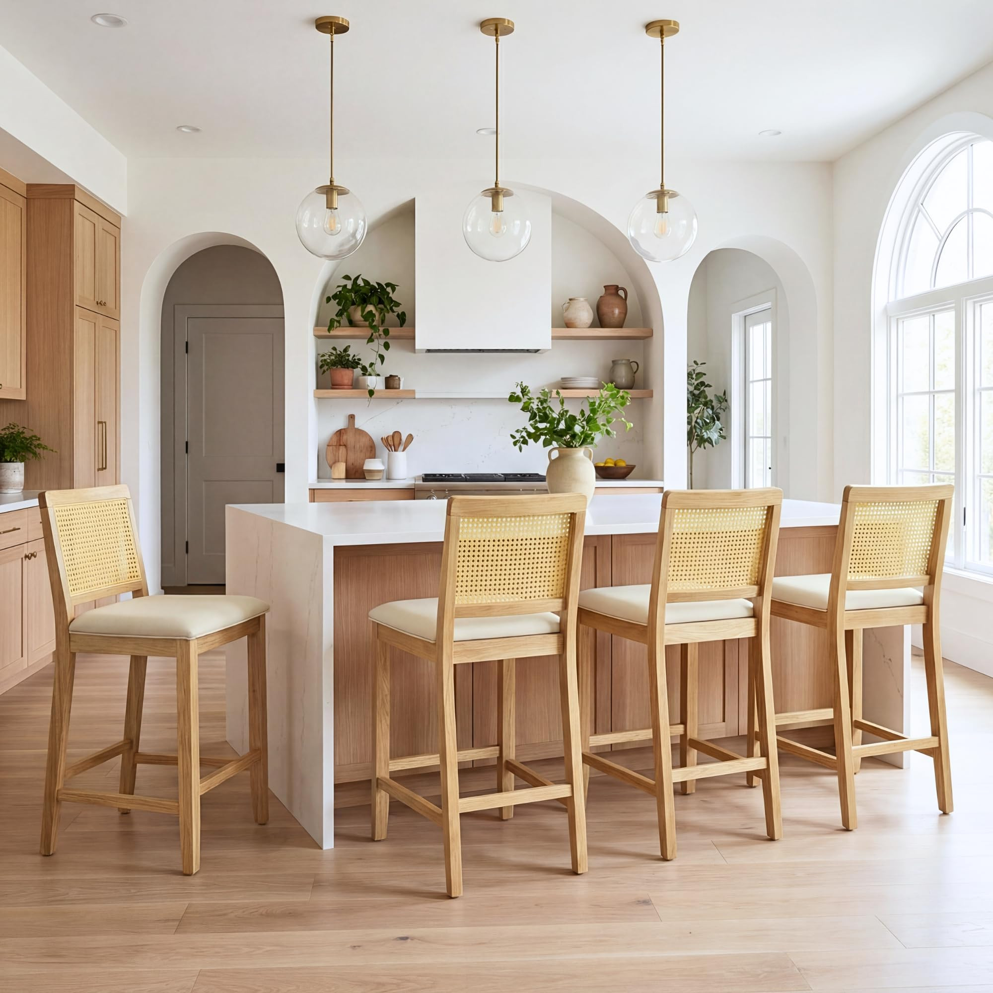 Upholstered Bar Stools Set of 4, 26" Wooden Counter Height Stools with Natural Rattan Woven Back ... | Amazon (US)