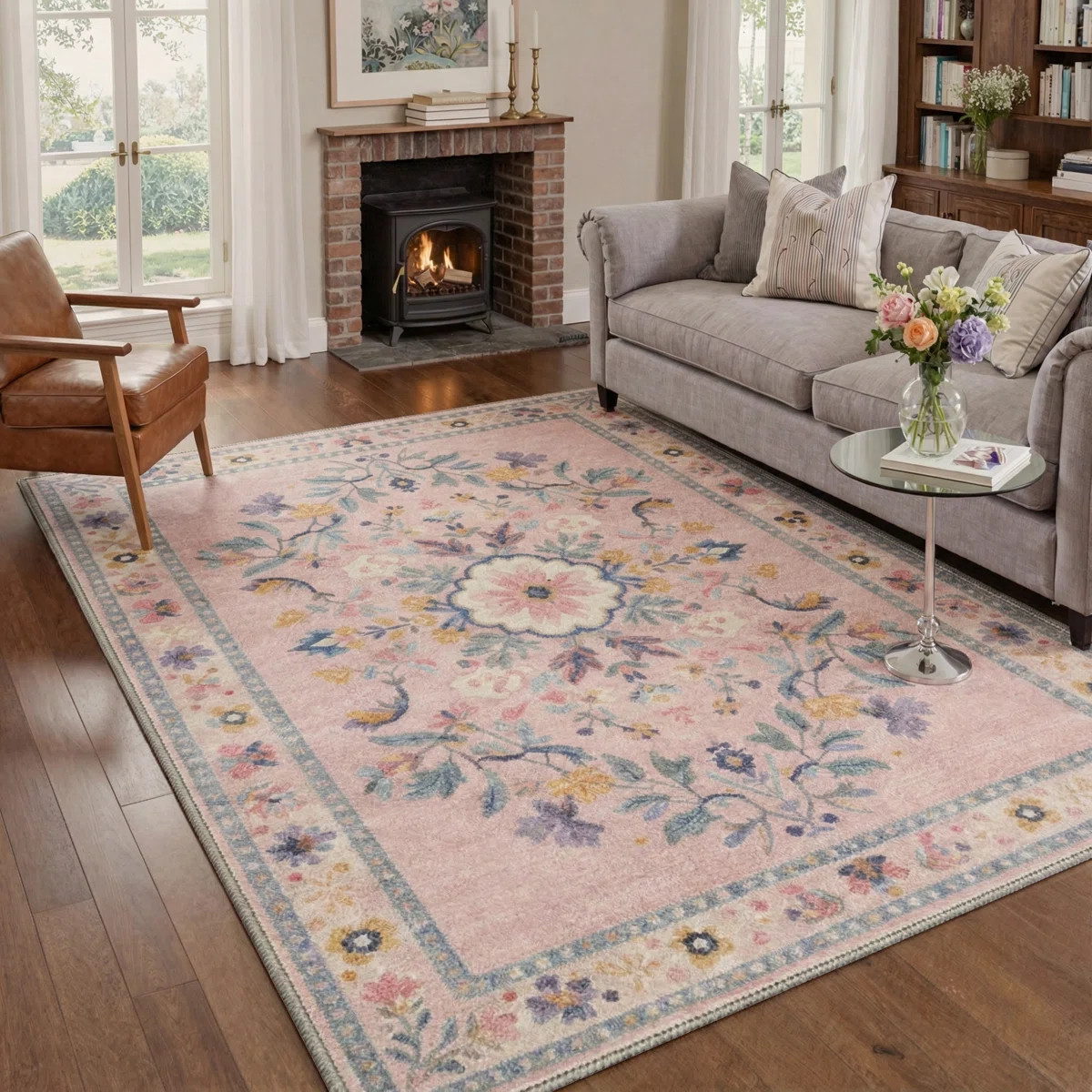 Airville Floral Machine Washable Blush/Beige/Teal Indoor Area Rug With Non-Slip Backing | Wayfair North America