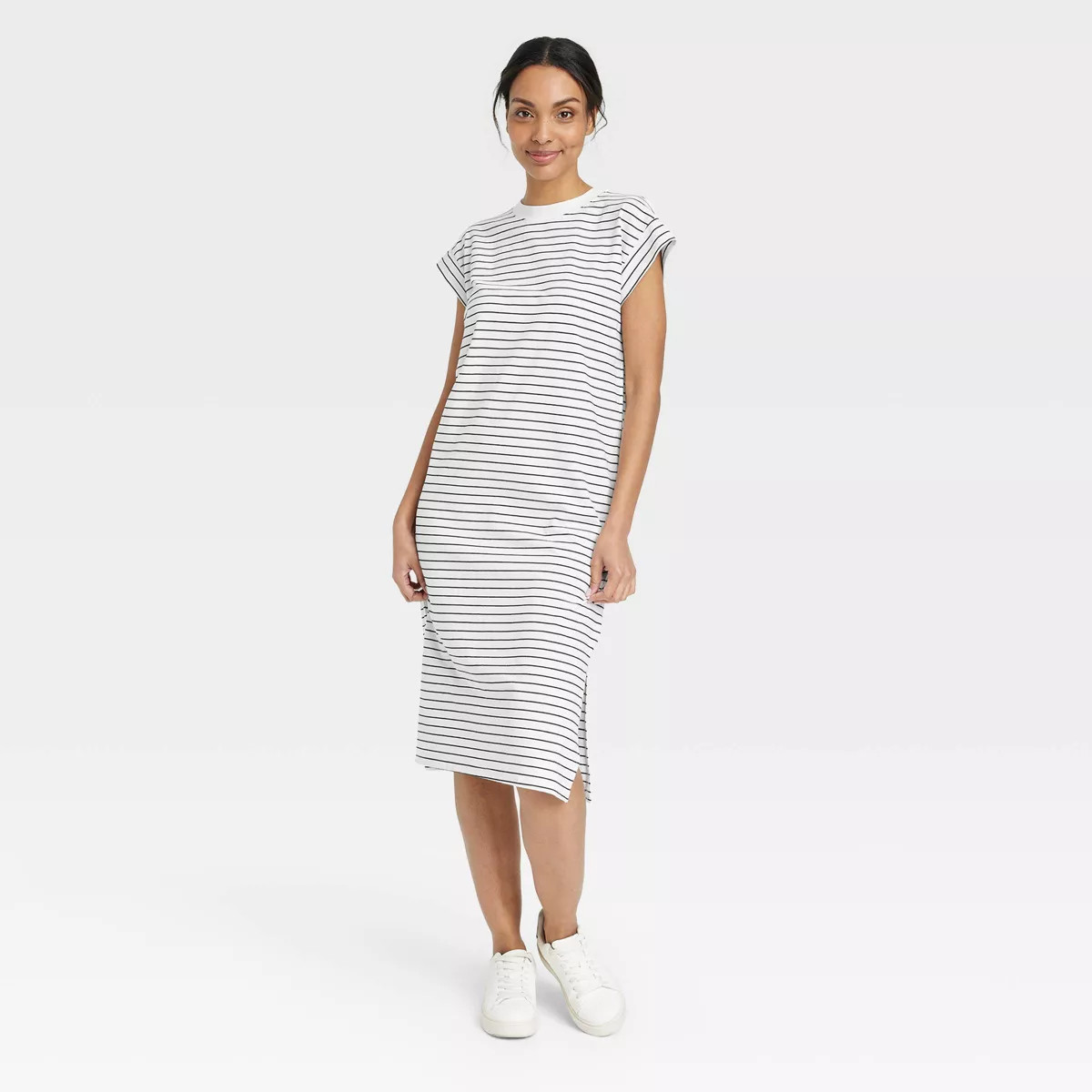 Women's Short Sleeve Midi Shirtdress - A New Day™ Cream/Black Striped M | Target