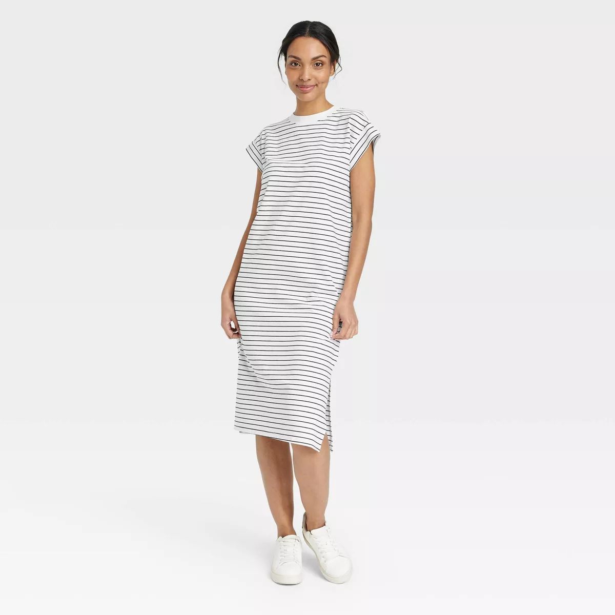 Women's Short Sleeve Midi Shirtdress - A New Day™ Cream/Black Striped M | Target