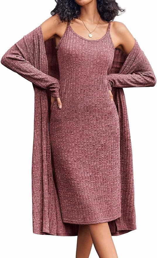 Ekouaer Womens Knit Robe Set 2 Piece Nightgown with Robes Long Sleeves Lounge Sets with Pockets S... | Amazon (US)