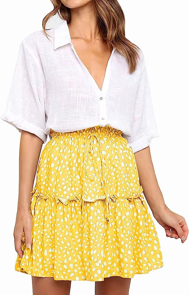 KIRUNDO Women's Summer Polka Dot Flared Short Skirt High Waist Cute Ruffle Pleated Beach Mini Dress  | Amazon (US)
