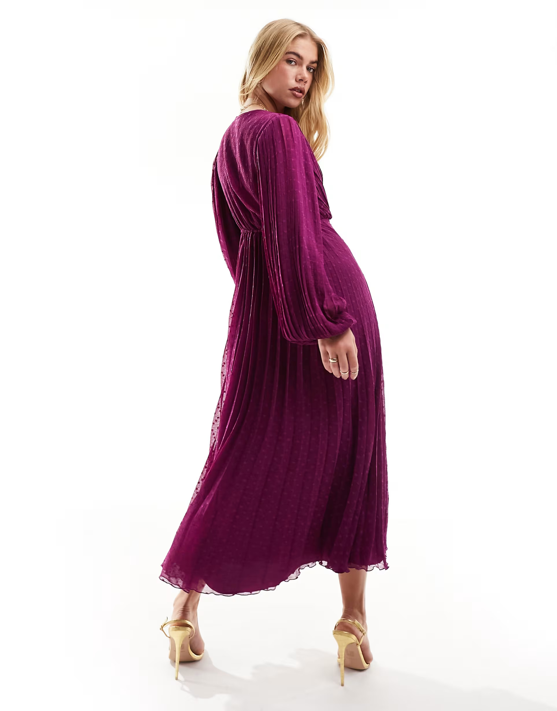 ASOS DESIGN pleated dobby chiffon wrap button detail maxi dress in magenta purple | ASOS (Global)