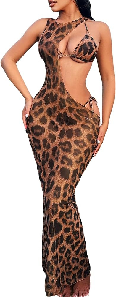 Women's 3 Piece Leopard Print Halter Tie Bikini Triangle Set with Beach Cover Up Dress High Cut S... | Amazon (US)