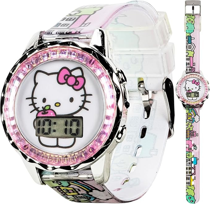 Sanrio Hello Kitty Kids LCD Watch – Pink Cityscape Strap, Metallic Case, Iridescent Bezel, Digi... | Amazon (US)