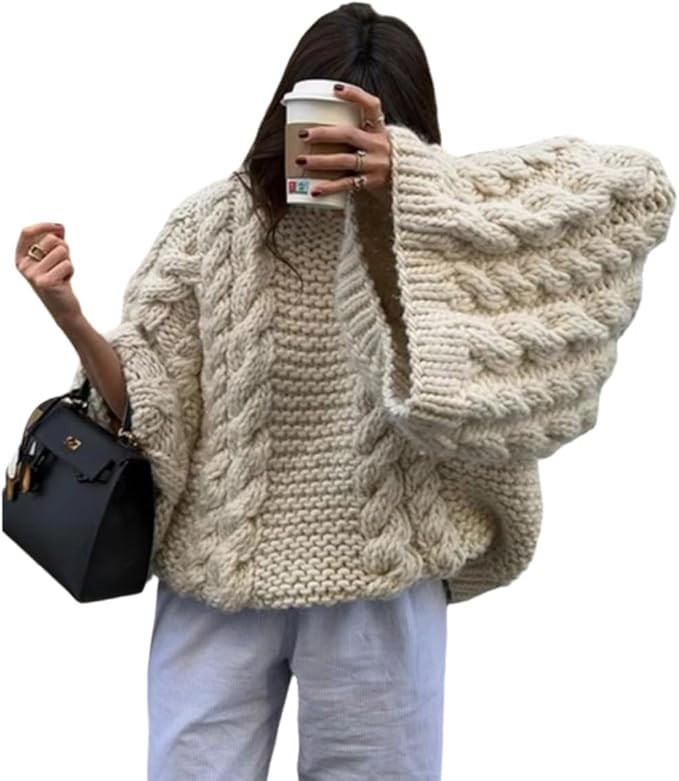 Women's Casual Oversized Sweaters Y2K Chunky Knit Pullover Tops Loose Sleeves Crew Neck Cable Kni... | Amazon (US)