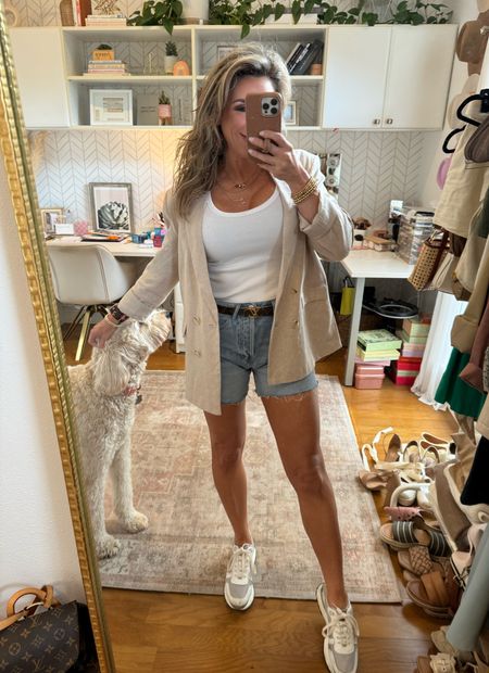 Denim cutoff shorts, linen blazer, white tank top, Spring casual outfit, summer casual outfit 

#LTKover40 #LTKstyletip #LTKfindsunder100