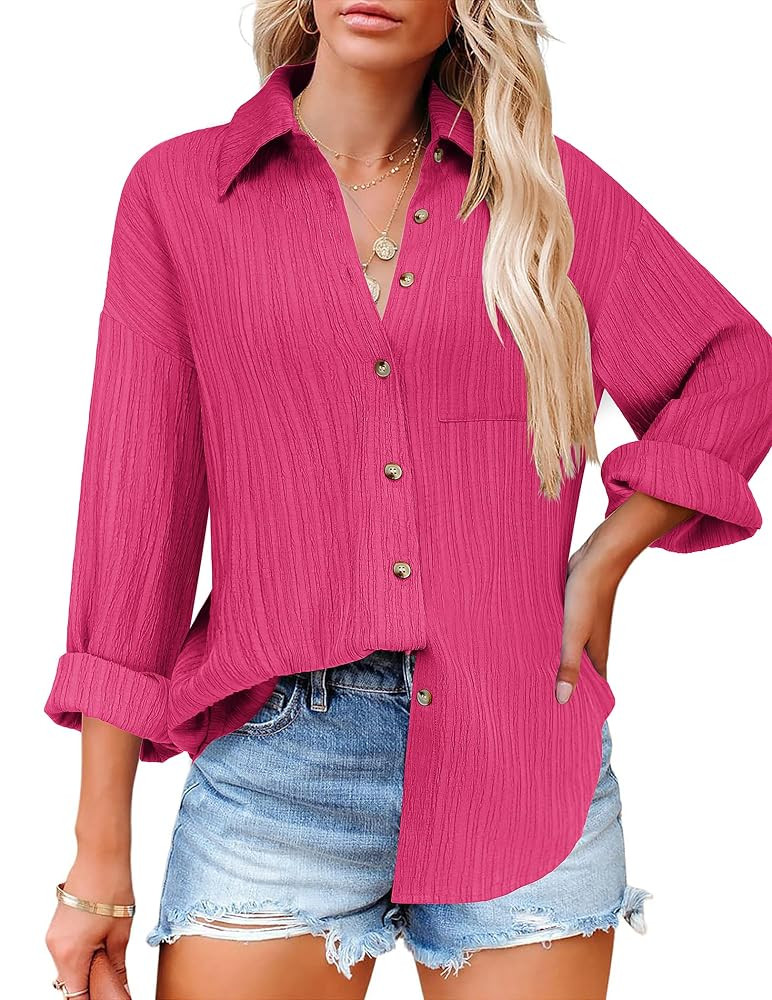 HOTOUCH Womens Button Down Shirts Long Sleeve Dress Shirt Textured Collared Work Blouse Dressy Ca... | Amazon (US)