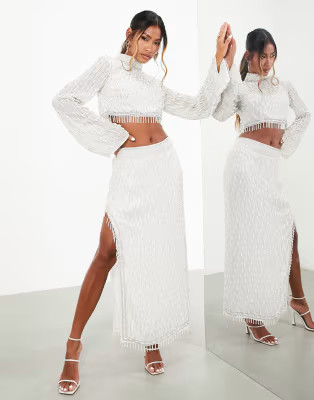 ASOS EDITION linear pearl embellished crop top & midi skirt in white - WHITE | ASOS (Global)