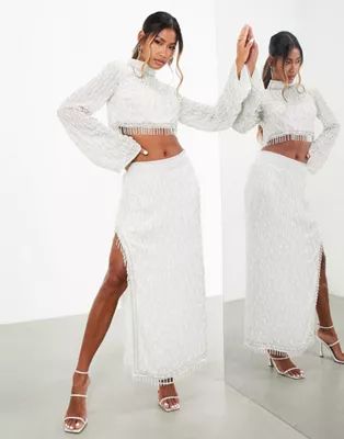 ASOS EDITION linear pearl embellished crop top & midi skirt in white - WHITE | ASOS (Global)
