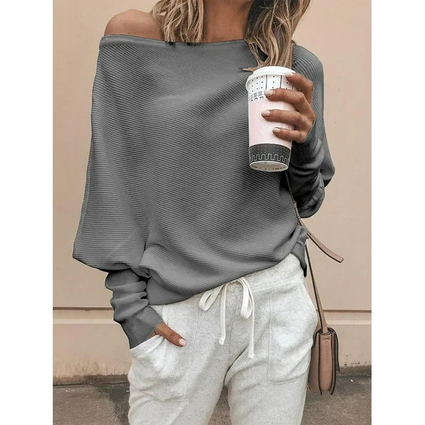 Womens Off The Shoulder Batwing Sleeve Knit Loose Sweater Pullover Top - Walmart.com | Walmart (US)