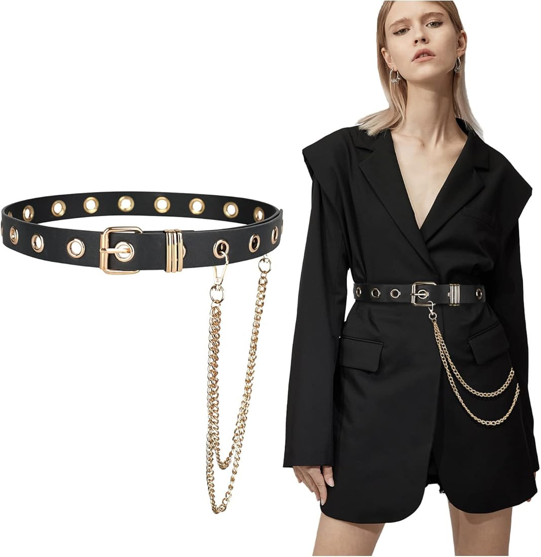 FIORETTO Grommet Leather Belt with Detachable Chain Women Men Punk Rock Waist Belts for Jeans Pants | Amazon (US)