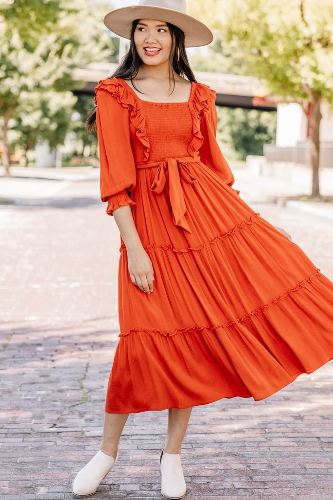 Feel Your Love Rust Orange Ruffled Midi Dress | The Mint Julep Boutique