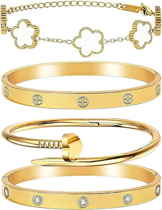 Stackable Gold Bracelets for Women - 4 Sets, 18K Gold Plated Bracelets, Stainless Steel Bangle Br... | Amazon (US)