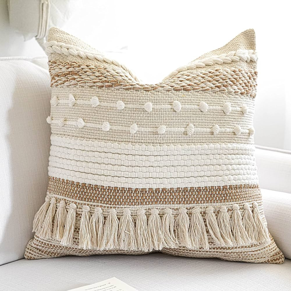 BlissBlush Boho Decorative Throw Pillow Cover 20x20 Square Brown Beige Neutral Boho Accent Pillow... | Amazon (US)