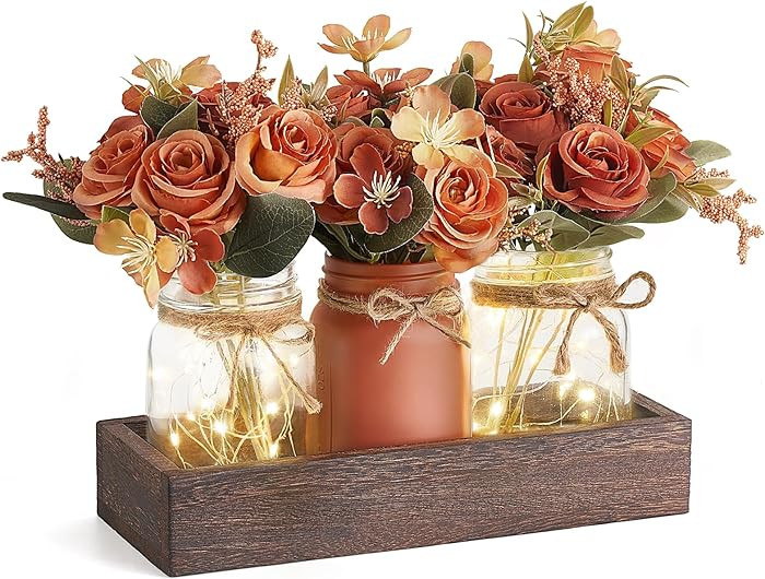Mkono Mason Jar Lights Farmhouse Tray with 3 Jars, Orange | Amazon (US)