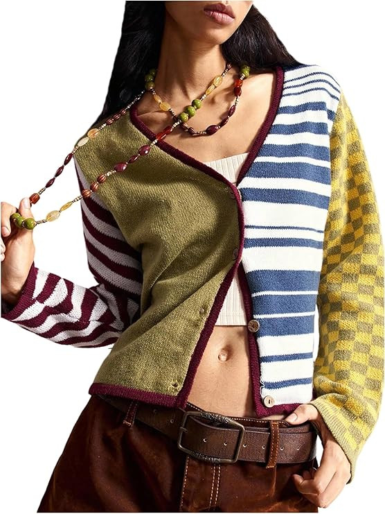 Women's Color Block Patchwork Sweaters Button Down Cardigans Jumper Fall Clothes | Amazon (US)