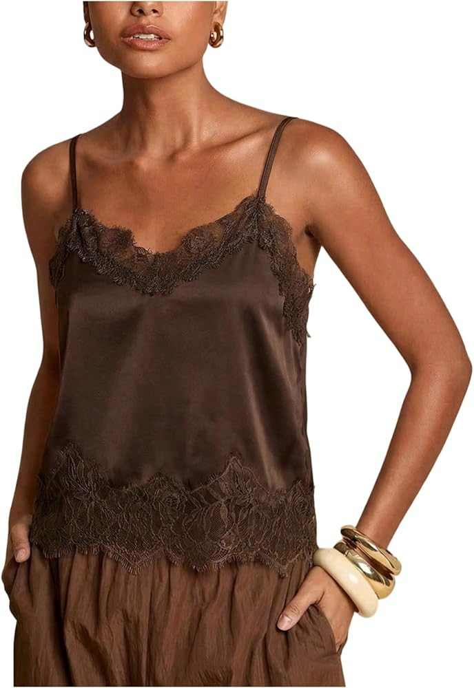 OYOANGLE Women's Y2K Satin Lace Trim Cami Top Summer Going Out Tank Tops | Amazon (US)