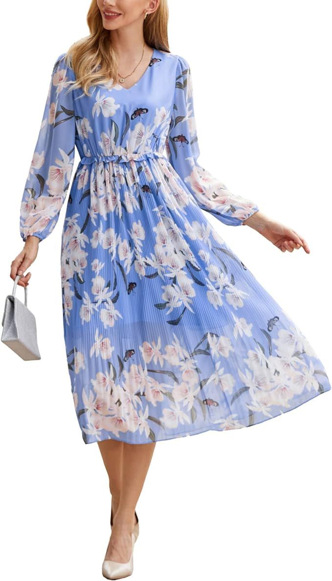 GRACE KARIN Womens 2023 Boho Floral Maxi Dress V Neck Long Sleeve Casual Ruffle Smocked A-line Pl... | Amazon (US)