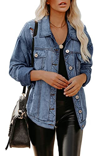 Jean Jacket for Women Ripped Washed Long Sleeve Denim Jackets Distressed Faded Button Down Navy Blue Regular Fit Trucker Jacket | Amazon (US)