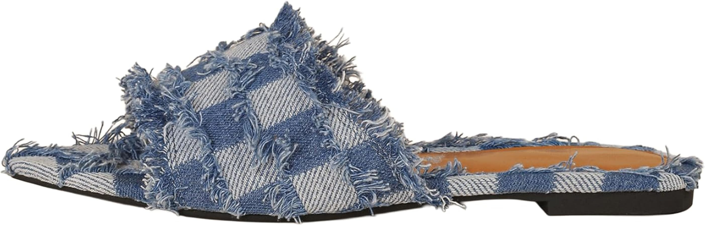 Frayed Sandals for Women Denim Pointed Toe Checkered Fray Sandals Slip On Flat Slide Dress Casual... | Amazon (US)