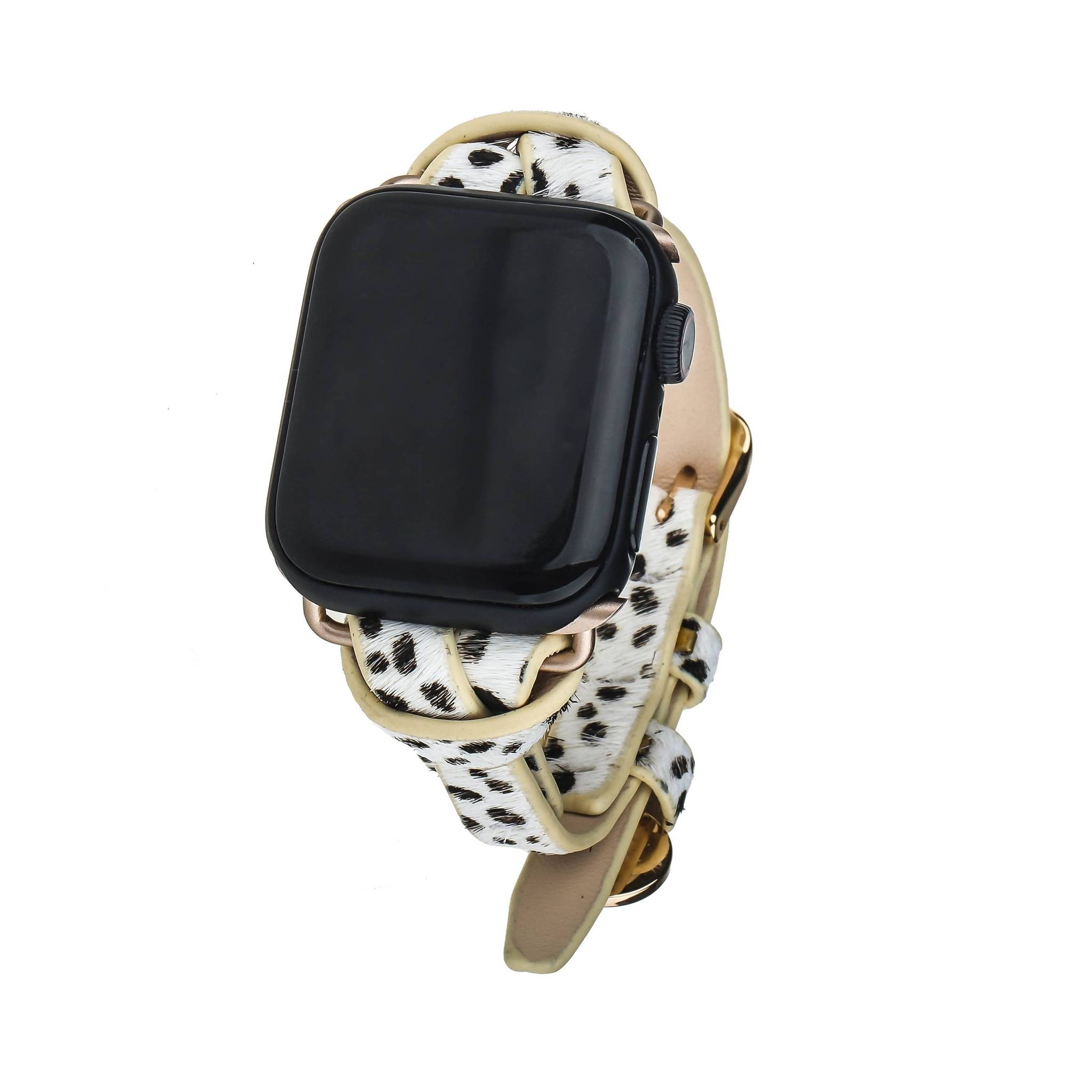 White Spotted Animal Print Apple Watch Strap on Gold | Victoria Emerson