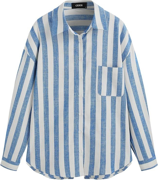 CIDER Santorini Beach Vacation Linen-Blend Collar Striped Pocket Long Sleeve Shirt | Amazon (US)