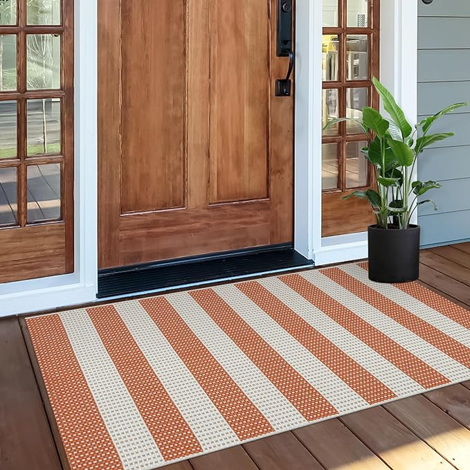 OJIA Front Door Rug 24"x51" Orange and White Striped Rug Cotton Woven Checkered Rug Washable Fron... | Amazon (US)