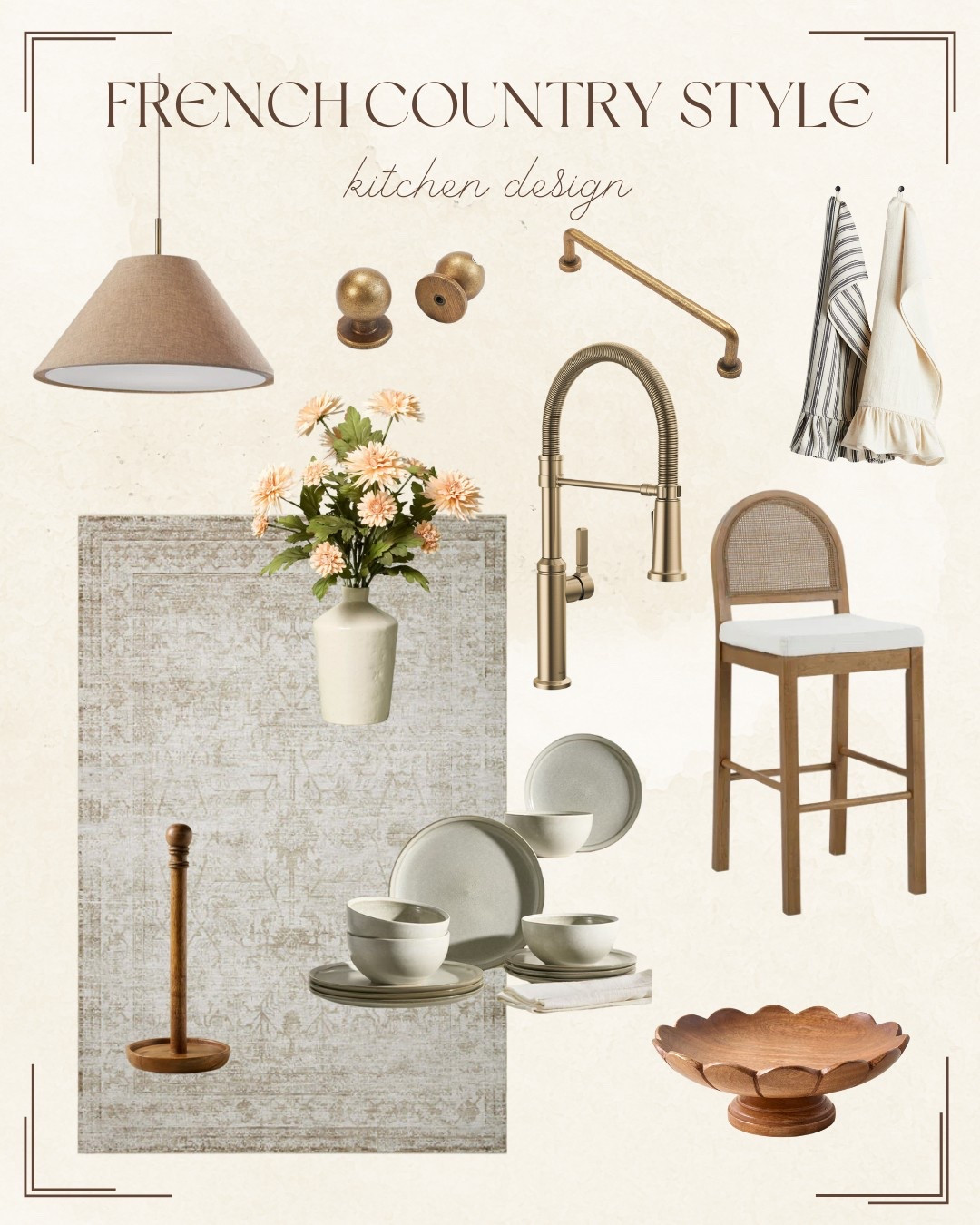 French country inspired kitchen design and decor // neutral kitchen // gold cabinet hardware // kitchen counter stools 

#LTKHome