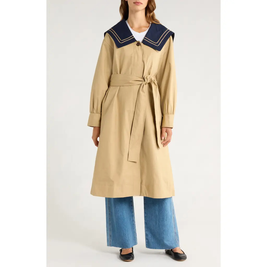 Damson Madder Ella Organic Cotton Trench Coat in Navy/Tan at Nordstrom, Size 8 Us | Nordstrom