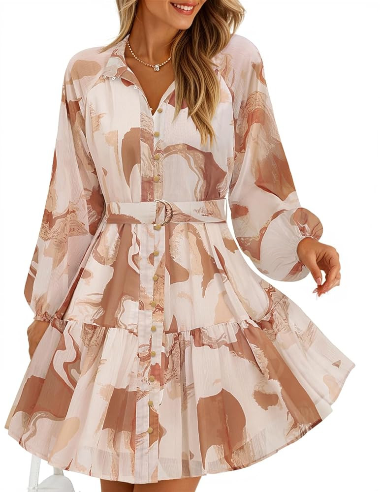 ZESICA Womens Fall Floral Mini Dress 2025 Long Sleeve Button Down Chiffon A Line Flowy Short Shir... | Amazon (US)