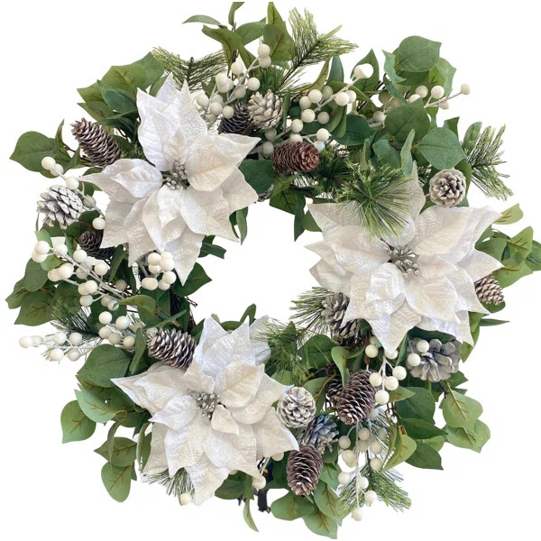 The Holiday Aisle® 24" Large Artificial Poinsettia Flower Winter Christmas Wreath for Front Door... | Wayfair North America