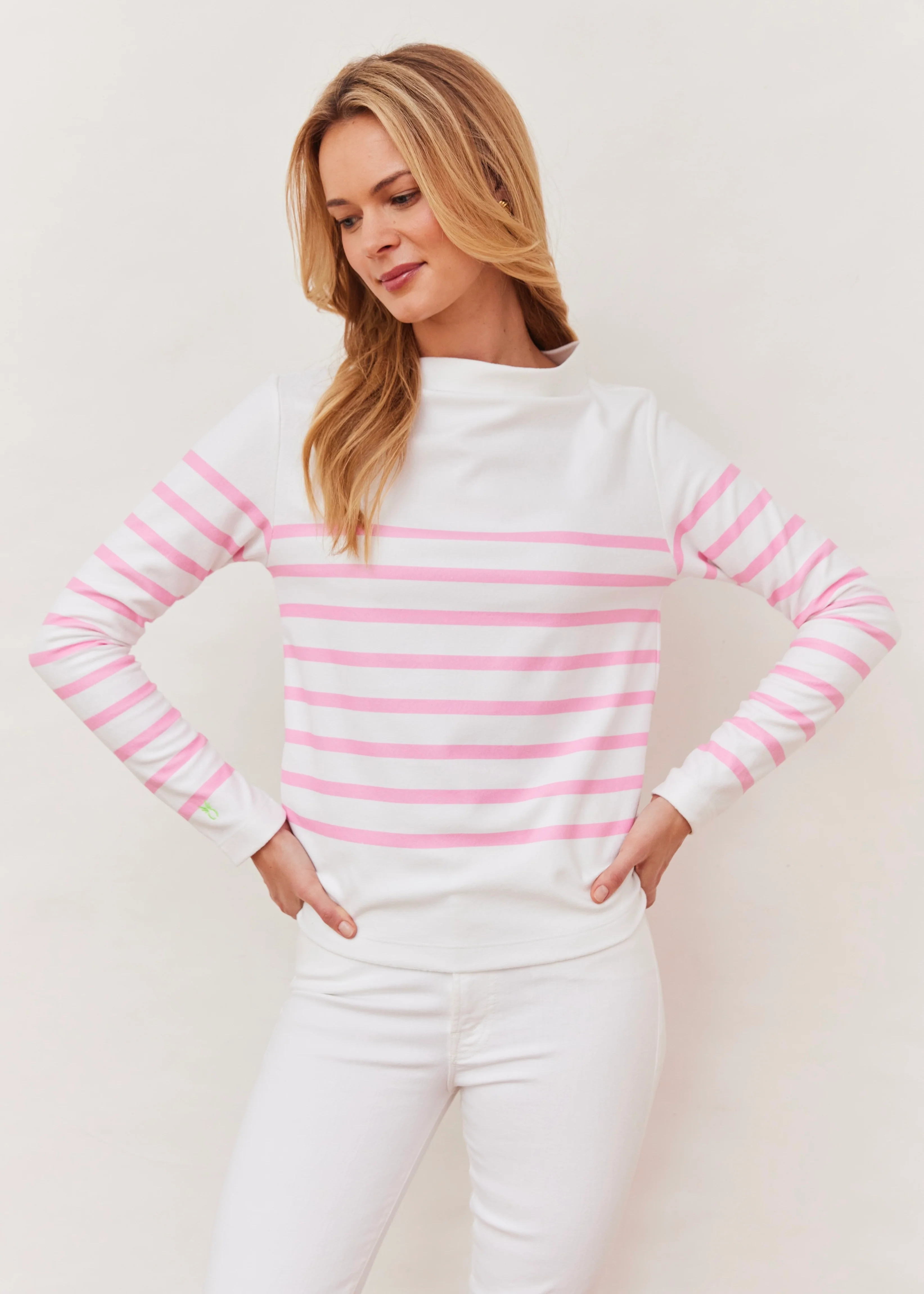 Brighton Boatneck in Terry Fleece (White/Prism Pink Placed Stripe) | Dudley Stephens