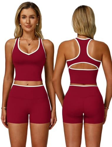 ABOCIW Workout Sets for Women Color Block V Neck Racerback Tank Top Built in Bra High Waist Shorts Gym Set 2 Piece Yoga Pilates Outfits Athletic Work Out Clothes Cherry Red Medium | Amazon (US)