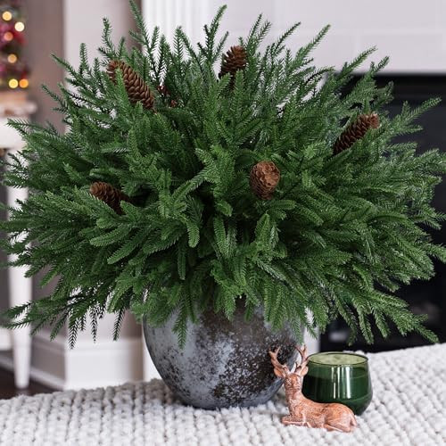HyeFlora 19 Inch Christmas Norfolk Pine Stems, 12PCS Real Touch Faux Cedar Pine with 5PCS Big Pine Cones Branches, Artificial DIY Greenery Stems Plastic Picks for Vase Indoor Outdoor Home Garden Décor | Amazon (US)