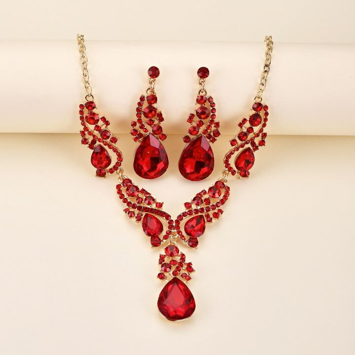 Vintage Elegant And Exquisite Ruby & Rhinestone Encrusted Earrings And Necklace Set | SHEIN