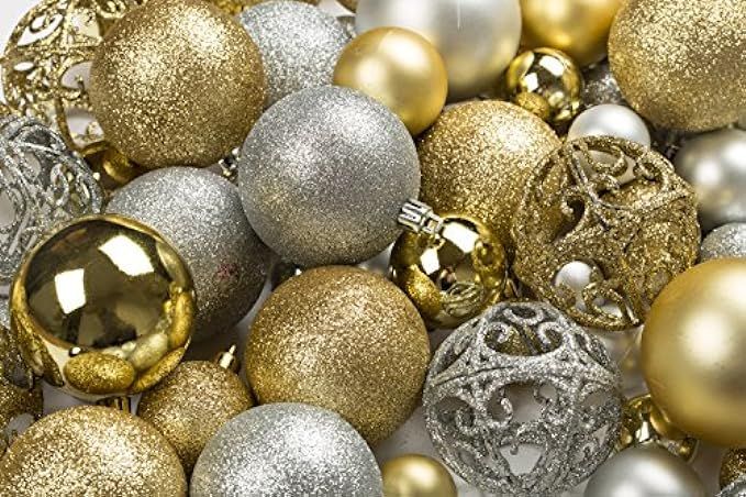 100 Gold And Silver Christmas Ornament Balls Shatterproof +100 Metal Ornament Hooks, Hanging Ornamen | Amazon (US)
