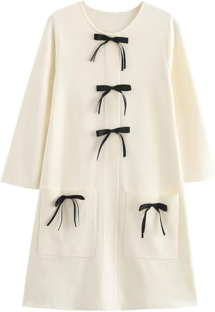 Women Knit Dress Aesthetic Bow Knot Long Sleeve Sweater Dress Fall Crewneck Knitted Dress A-Line ... | Amazon (US)