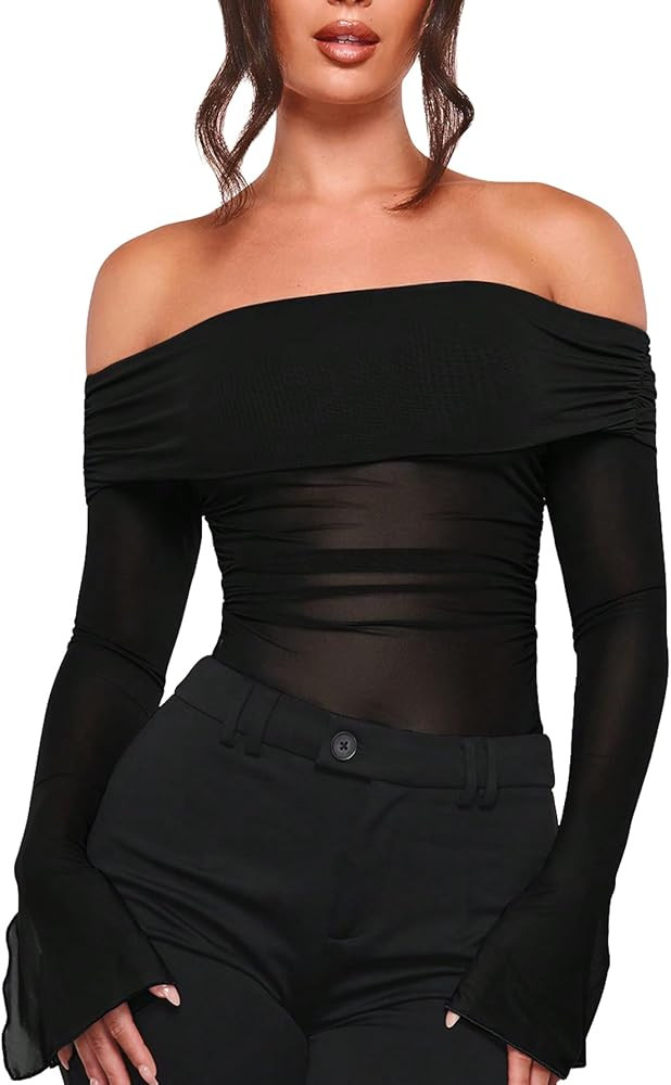 Verdusa Women's Off Shoulder Split Long Sleeve T Shirt Mesh Sheer Ruched Tee Top | Amazon (US)