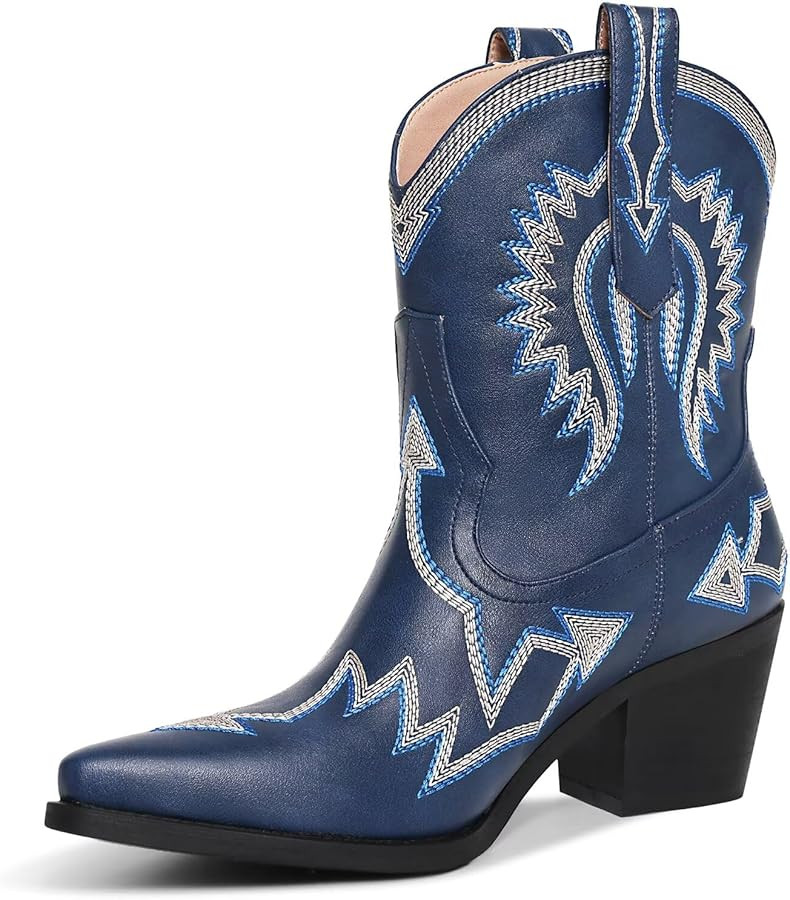 Western Boots for Women Metallic Embroidered Pointed Toe Cowgirl Boots Chunky Heel Pull-On Short ... | Amazon (US)