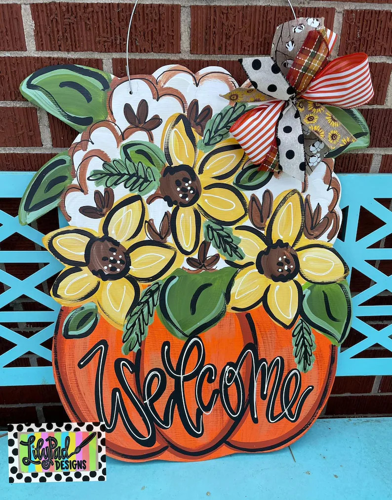 Pumpkin/cotton & sunflowers door hanger | Etsy (Global)