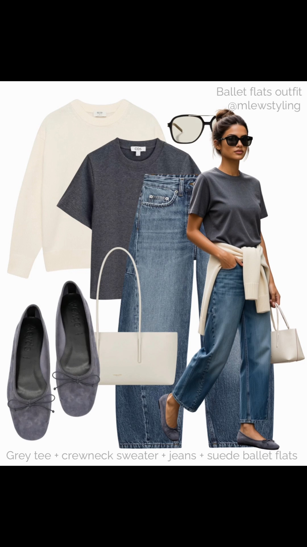 Grey suede ballet flats 🩶

Tags: elevated fall outfit, COS grey t-shirt, Aritzia crewneck sweater, demellier cream bag, wide leg jeans, aviator sunglasses, autumn outfit formulas