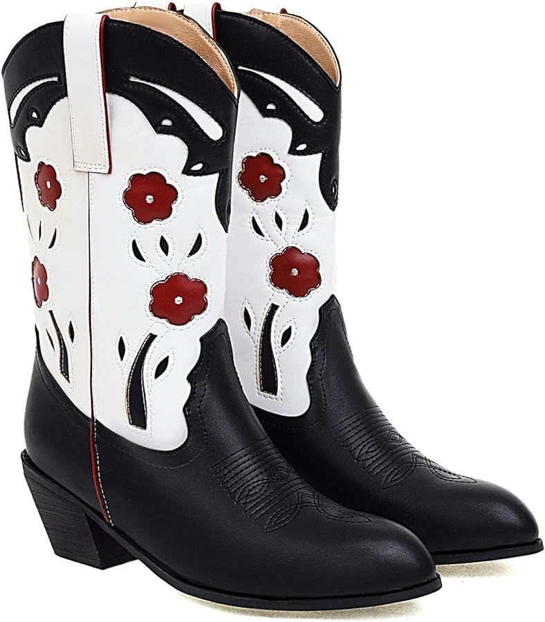 Womens Floral Embroidered Western Cowboy Boots Round Toe Mid Heel Mid Calf Cowgirl Boots | Amazon (US)