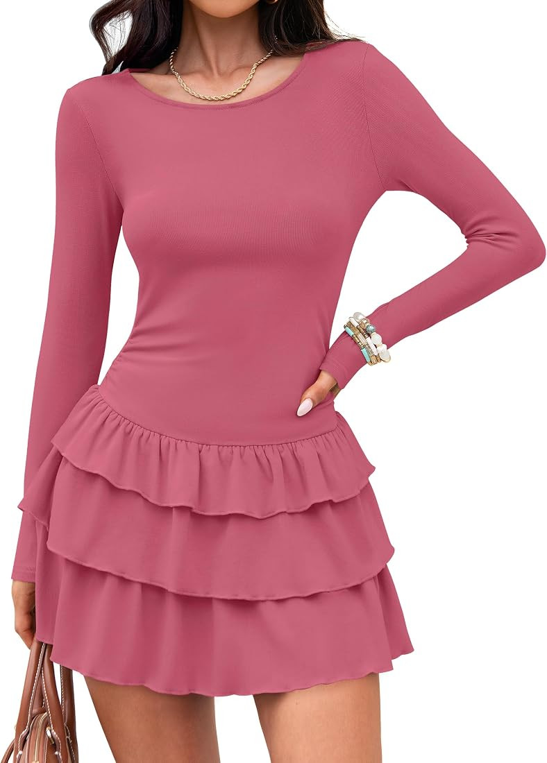 ZESICA Women's Long Sleeve Bodycon Mini Dress Crew Neck Ribbed Knit Casual Ruffle Tiered Flowy Co... | Amazon (US)