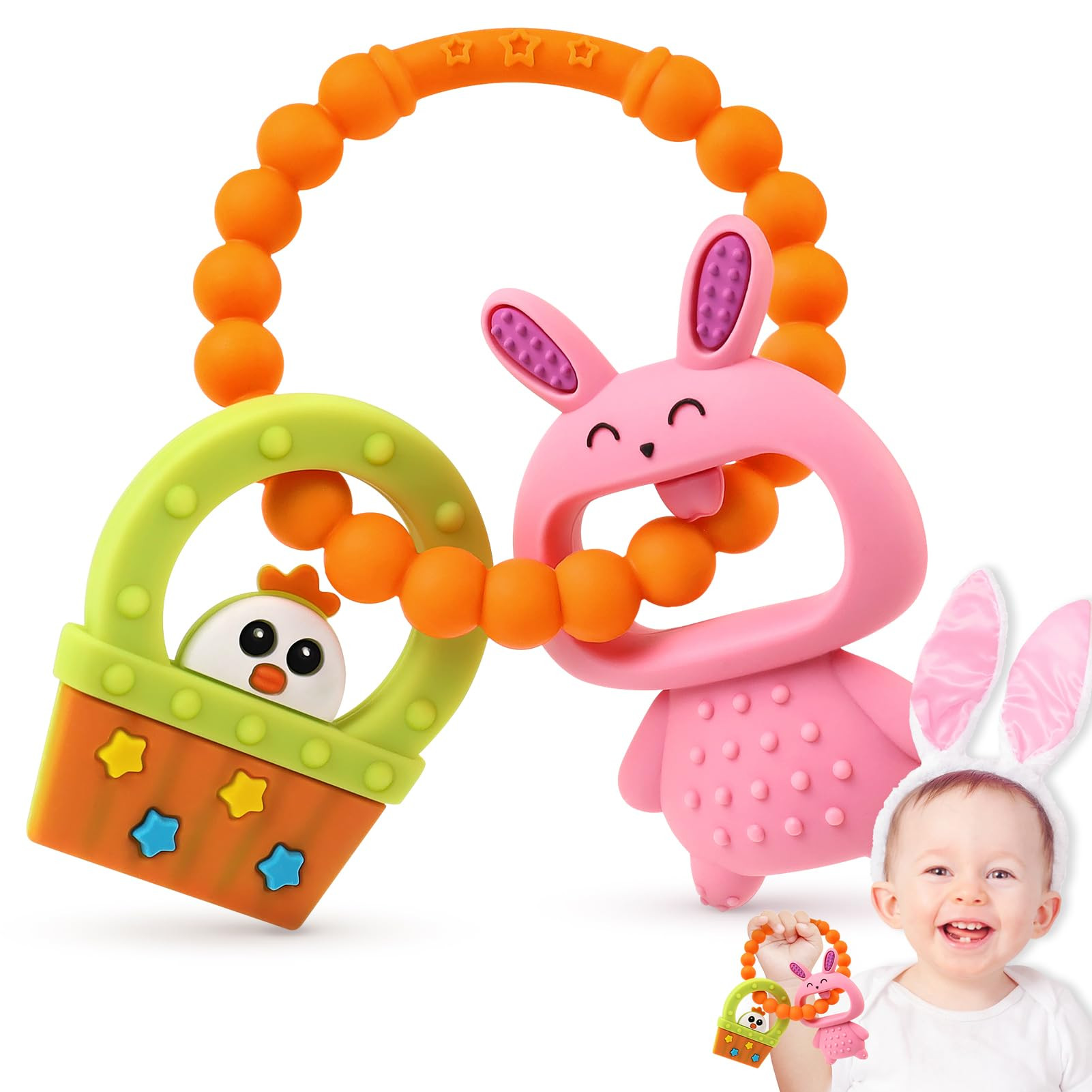 NPET Baby Easter Teething Toy, Cute Easter Basket Hen & Bunny Baby Teething Toy 3-12 Months Easy ... | Amazon (US)