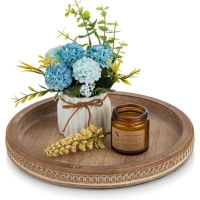 Decorative Serving Tray Wood:  Washed Bead Round Tray Decor For Coffee Table Rustic Wooden Trays Farmhouse Centerpiece For Living Room Kitchen Counter | Wayfair North America