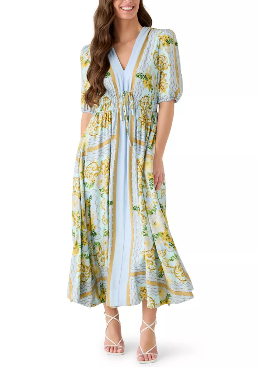 Women's Short Puff Sleeve V-Neck Floral Crepe Maxi Dress | Belk