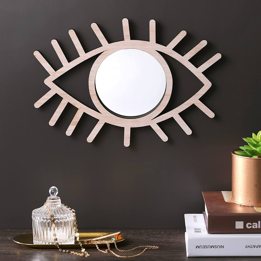 Wesiti Wood Boho Eye Mirror Eye Shape Wall Decoration Funky Rattan Mirror Artistic Decorative Moo... | Amazon (US)