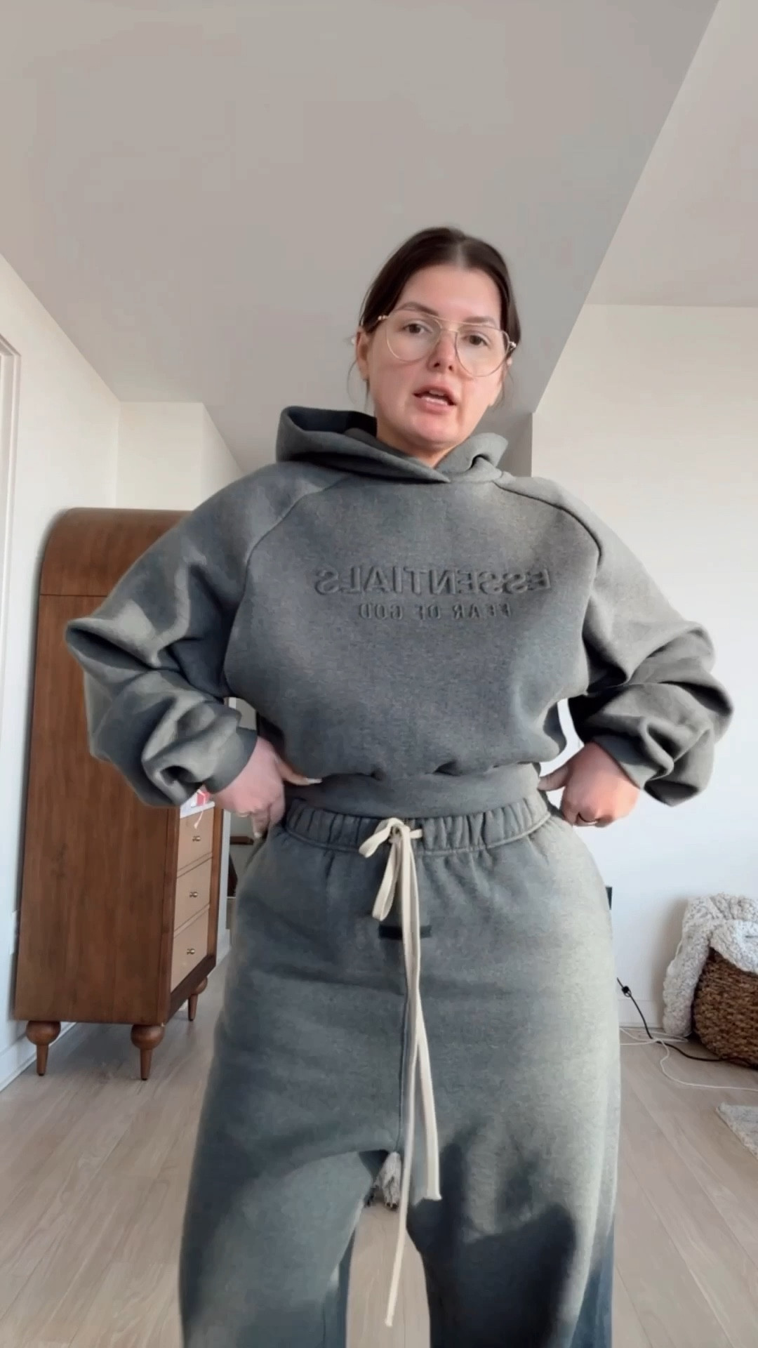 I sized down in the hoodie and sized up on the drop crotch high waist wide leg pants

