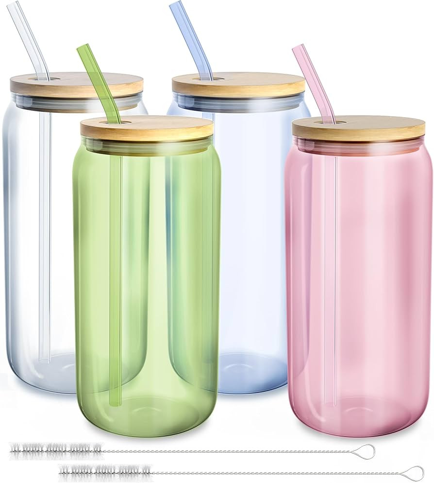 fullstar Tumblers with Lids - Drinking Glasses, Iced Coffee Cups with Bamboo Lids (4 Pack, Multic... | Amazon (US)
